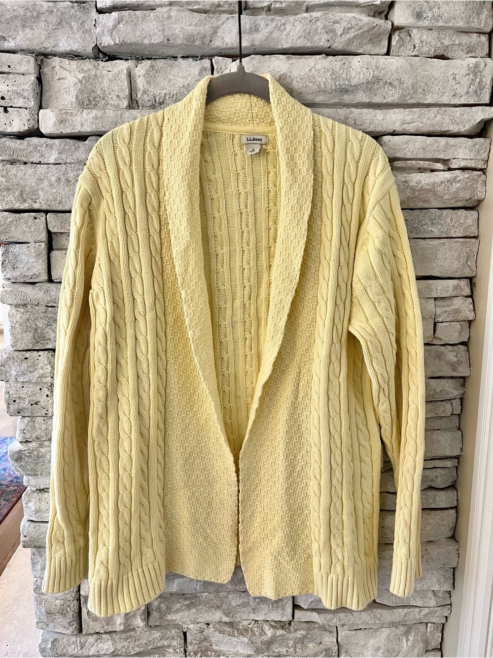 L.L. Bean Women's Butter Yellow Cable Knit Shawl Collar Sweater 100% Cotton